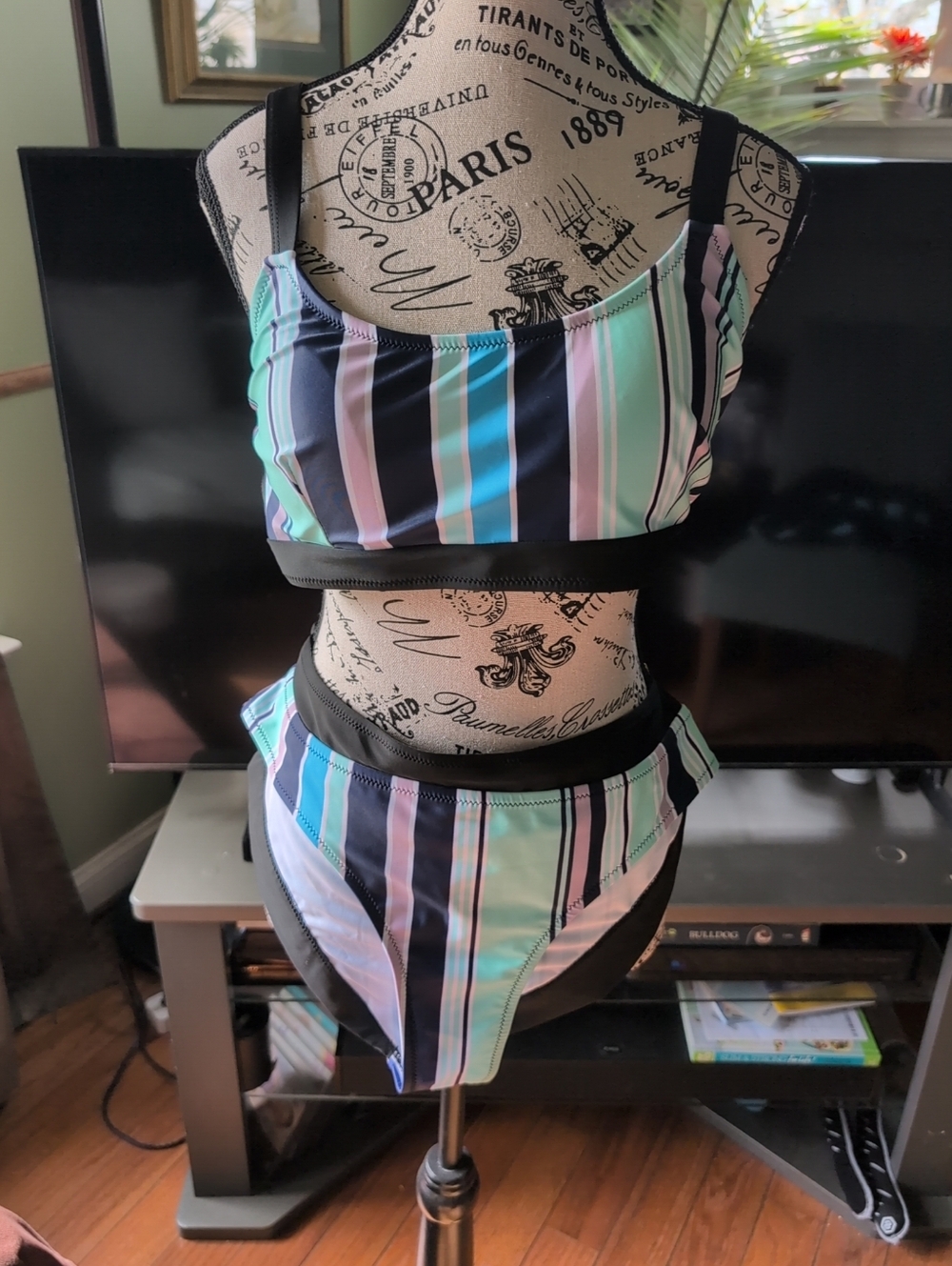 Striped Two-Piece Bikini Set in Pastel Mint, Blue & Black Size XL